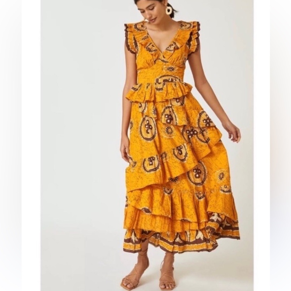 Love The Label Gigi Gold Print Dress Size L EUC 375$ Anthropologie - Picture 2 of 16